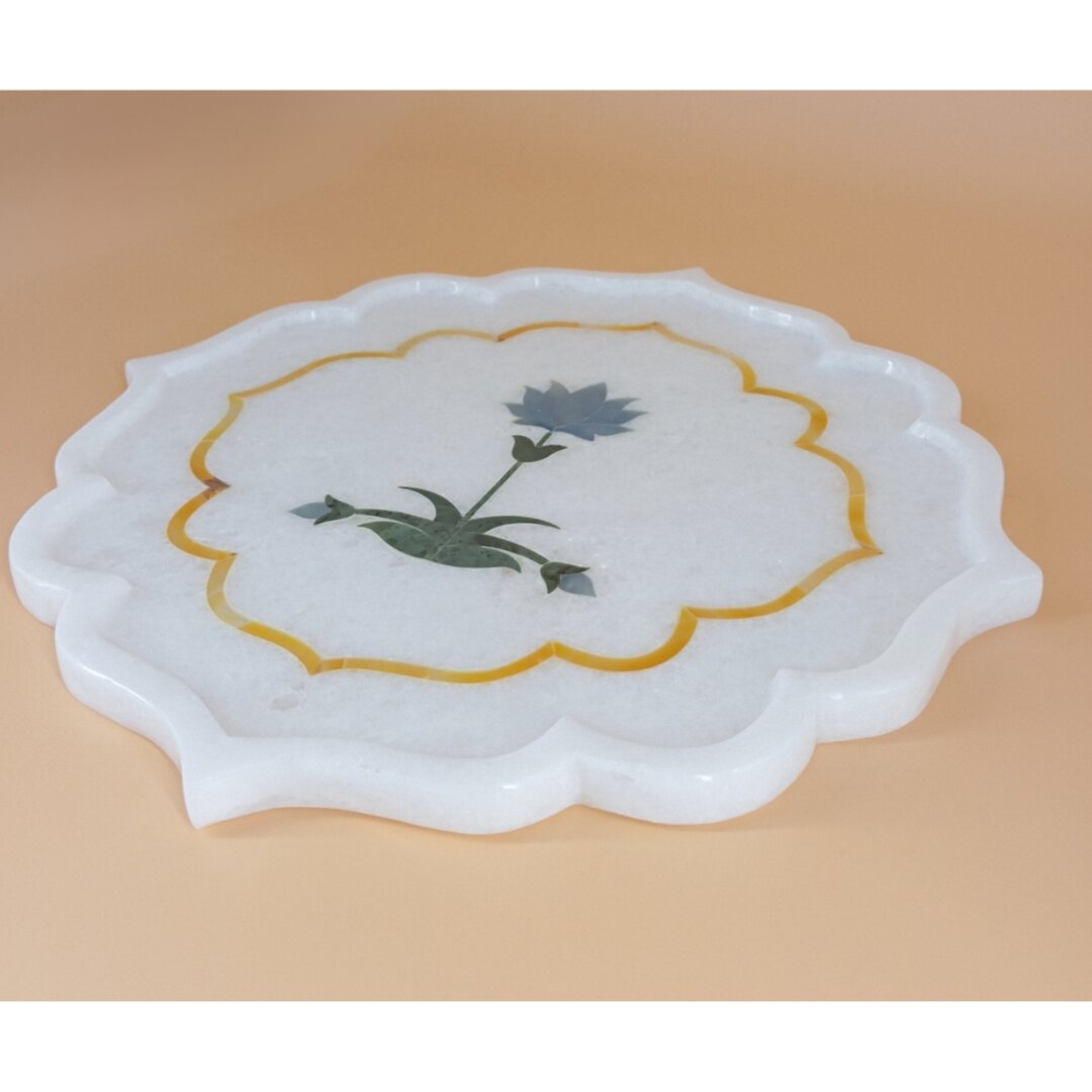 Pietra Dura Lotus – Marble Inlay Art – Light Blue & Green